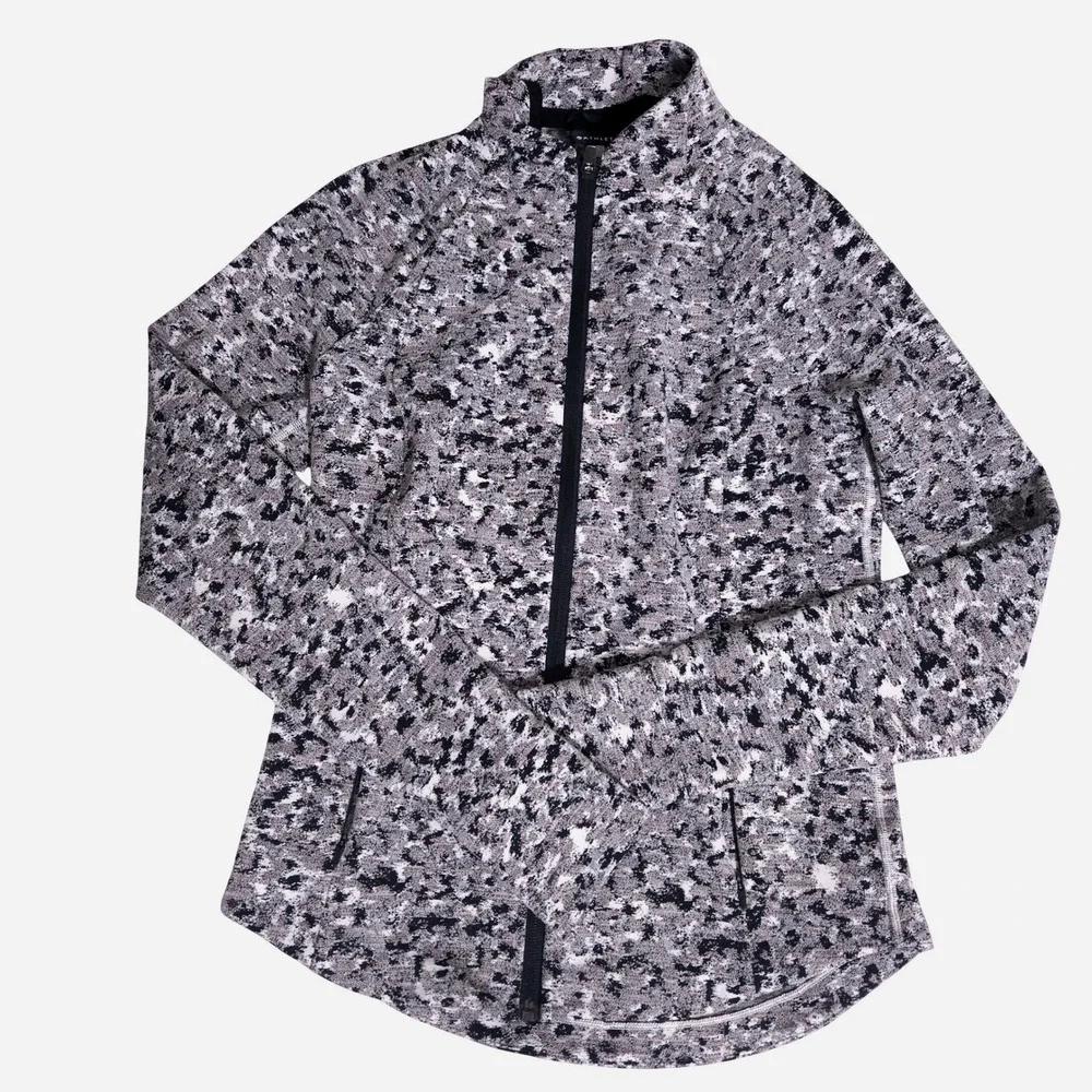 Athleta Womens Small Salutation Full Zip Jacket Abstract Print Thumbholes Grey